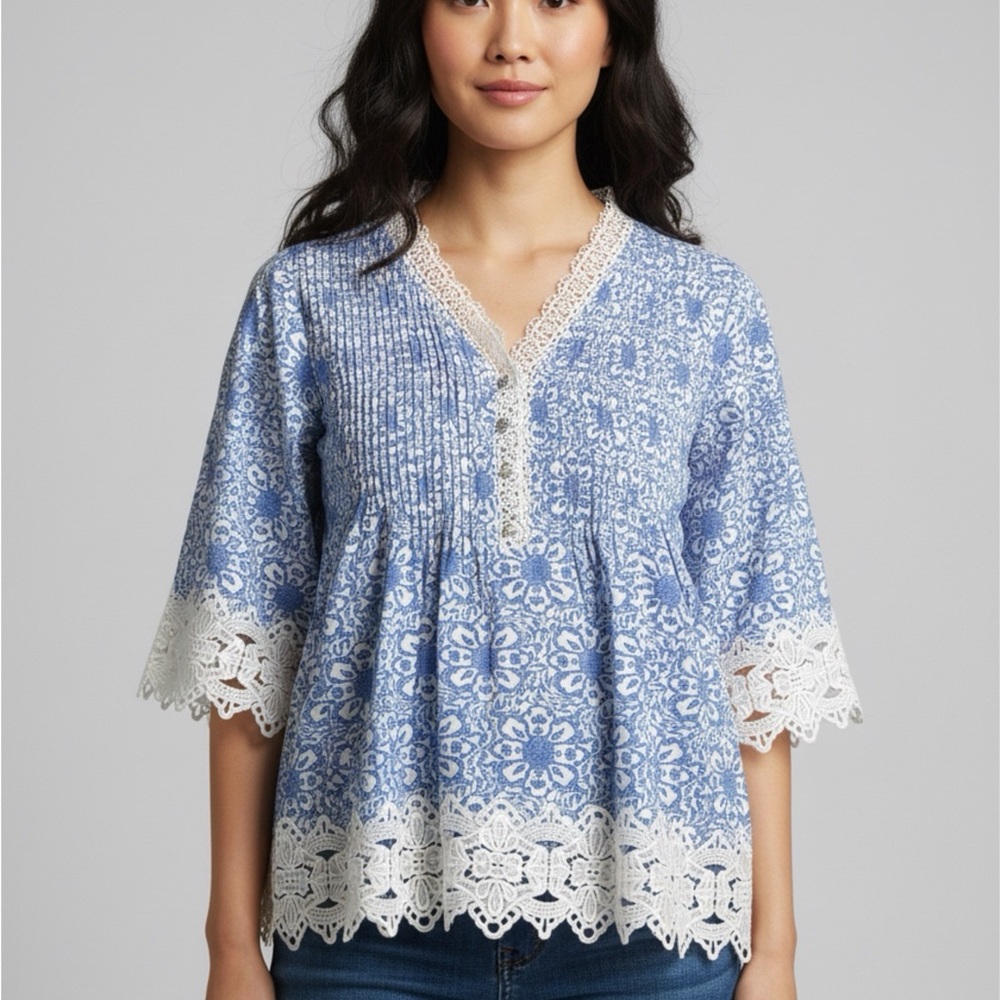 Chelsea & Theodore Cobalt  Blue Floral Lace Trim Pintuck Blouse Size  1X